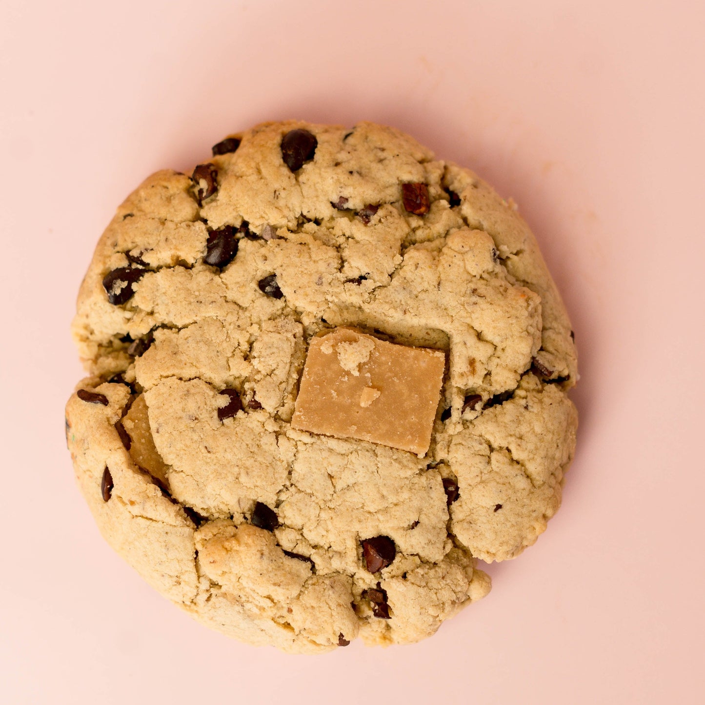 The Common Cookie’s Cacao Nib with Coconut Toffee—Vegan and Gluten Free (Dozen)—features a delicious, allergy-friendly cookie topped with light chocolate, shown on a pale pink background, perfect for crave-worthy snacking.