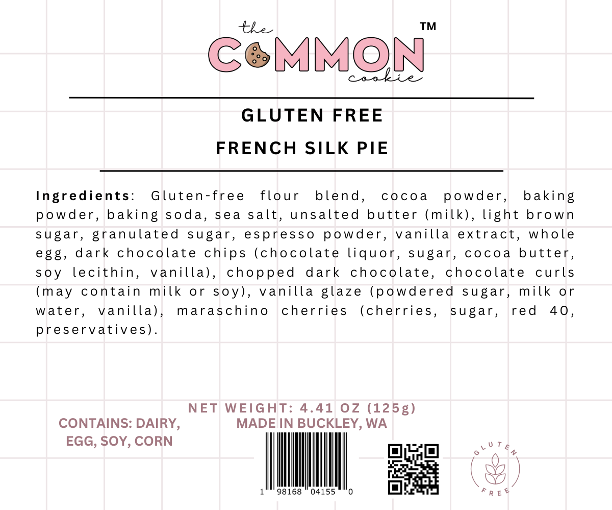 Product label for The Common Cookie French Silk Pie - Gluten Free (Retail), highlighting chocolate dough, dark chocolate chips, allergen info, a QR code, and gluten free icon at the bottom.