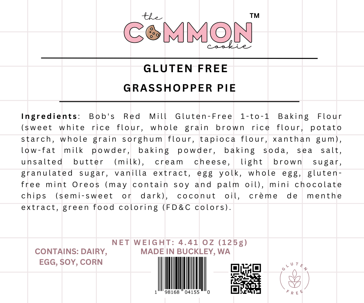 Product label for The Common Cookie’s Grasshopper Pie - Gluten Free (Retail) includes ingredients, allergy info, barcode, and a QR code at the bottom.