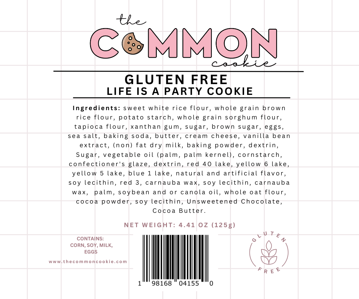 The back label of The Common Cookie's Life is a Party - Gluten Free (Retail) features cookie dough-inspired ingredients, detailed allergy info, nutrition facts, barcode, and a product weight of 4.41 oz (125g).