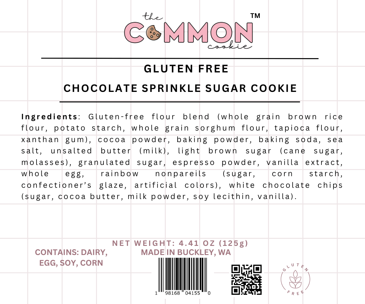 Product label for The Common Cookie's Chocolate Sprinkle Sugar Cookie - Gluten Free (Retail), listing ingredients and allergen info. Features barcode and a "gluten free" icon at the bottom right.